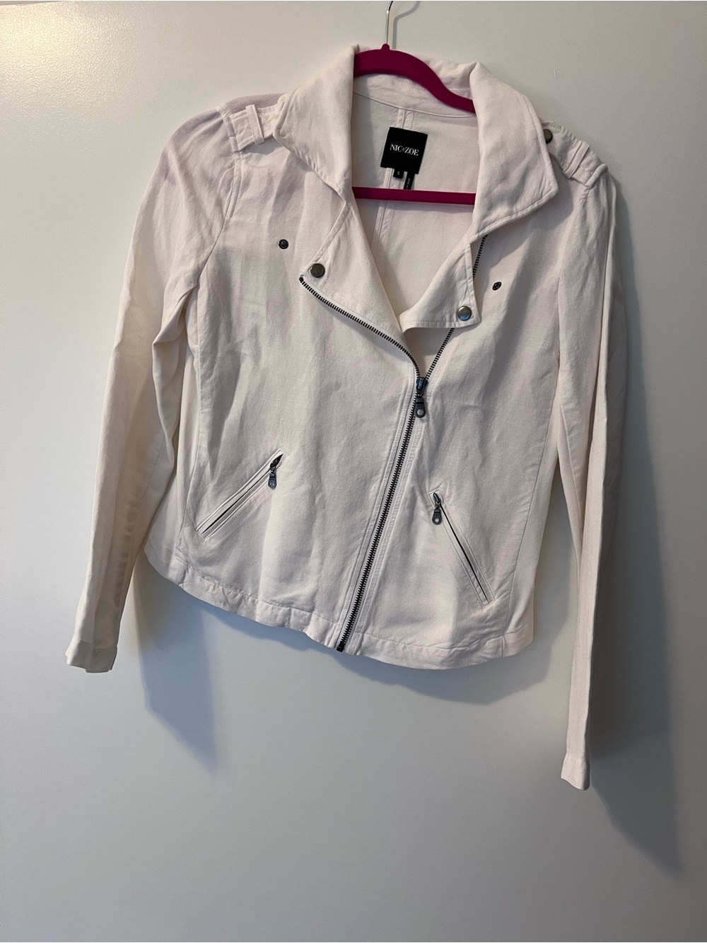 NIC+ZOE White Linen Blend Moto Jacket | Asymmetrical Zip | Size Small